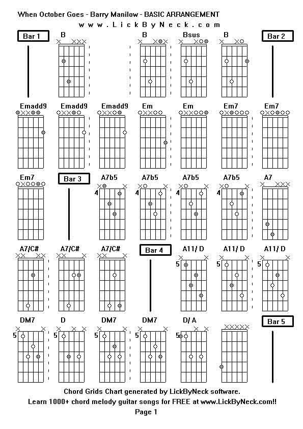 Chord Grids Chart of chord melody fingerstyle guitar song-When October Goes - Barry Manilow - BASIC ARRANGEMENT,generated by LickByNeck software.